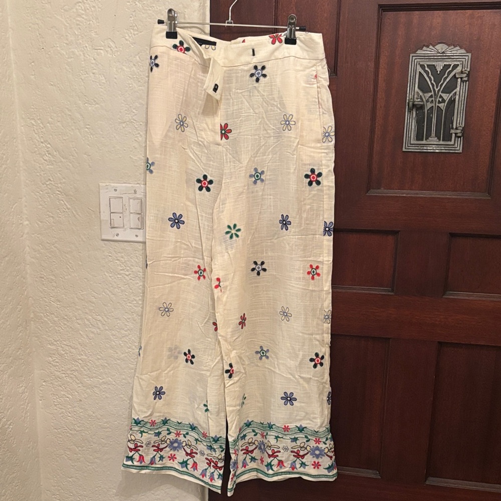 Zara Cream pants with Red and Green Embroidery